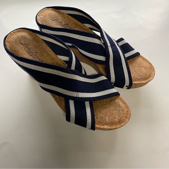 Lucky Brand Miller 2 wedge cork heel sandals navy blue strip strappy slip on 9M - Picture 3 of 13